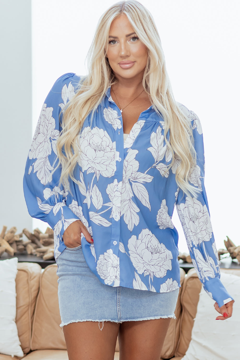 Floral Print Button Up Pleated Detail Puff Sleeve Shirt - eAura