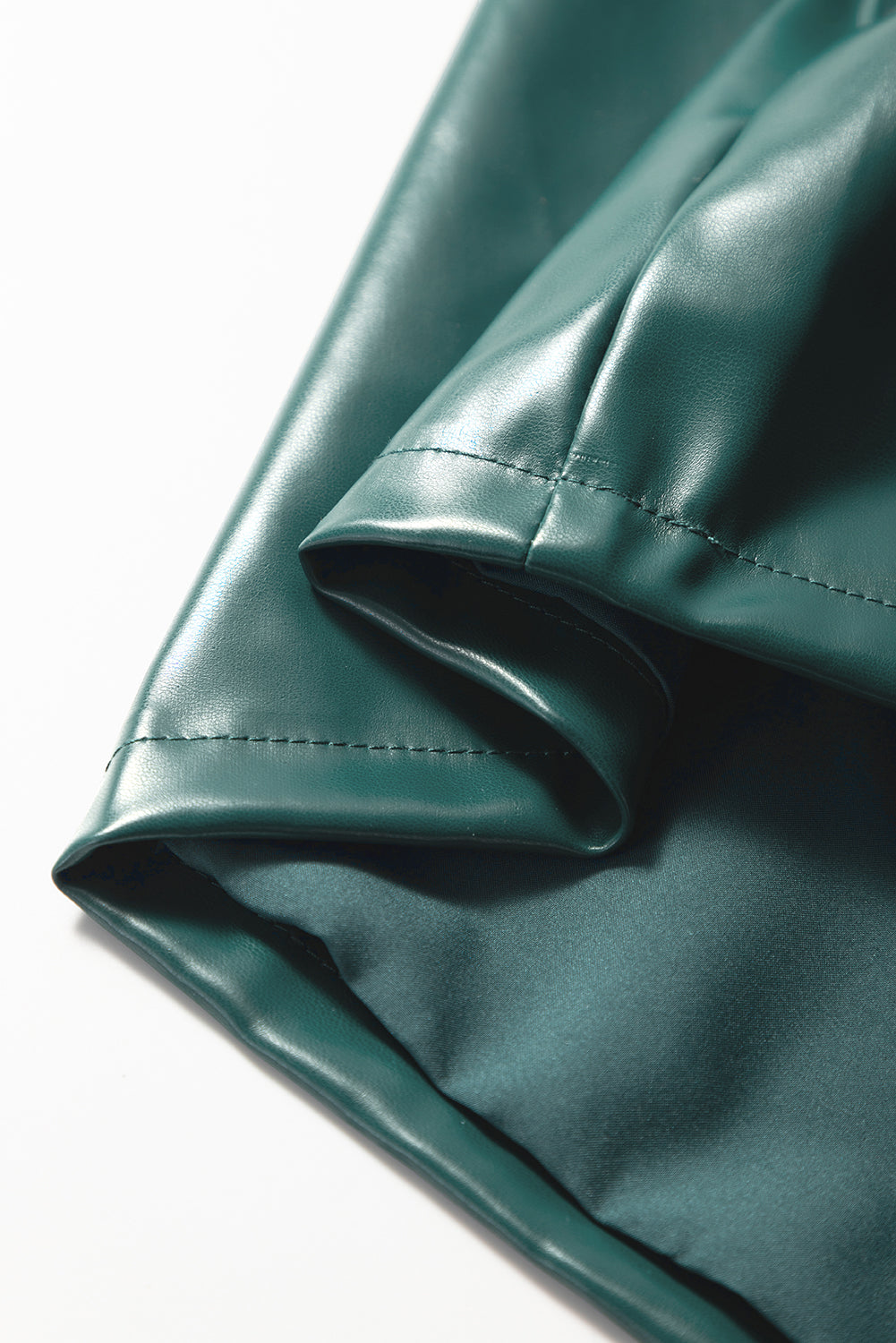 Sea Green Notched V Neck Short Puff Sleeve PU Leather Blouse eAura
