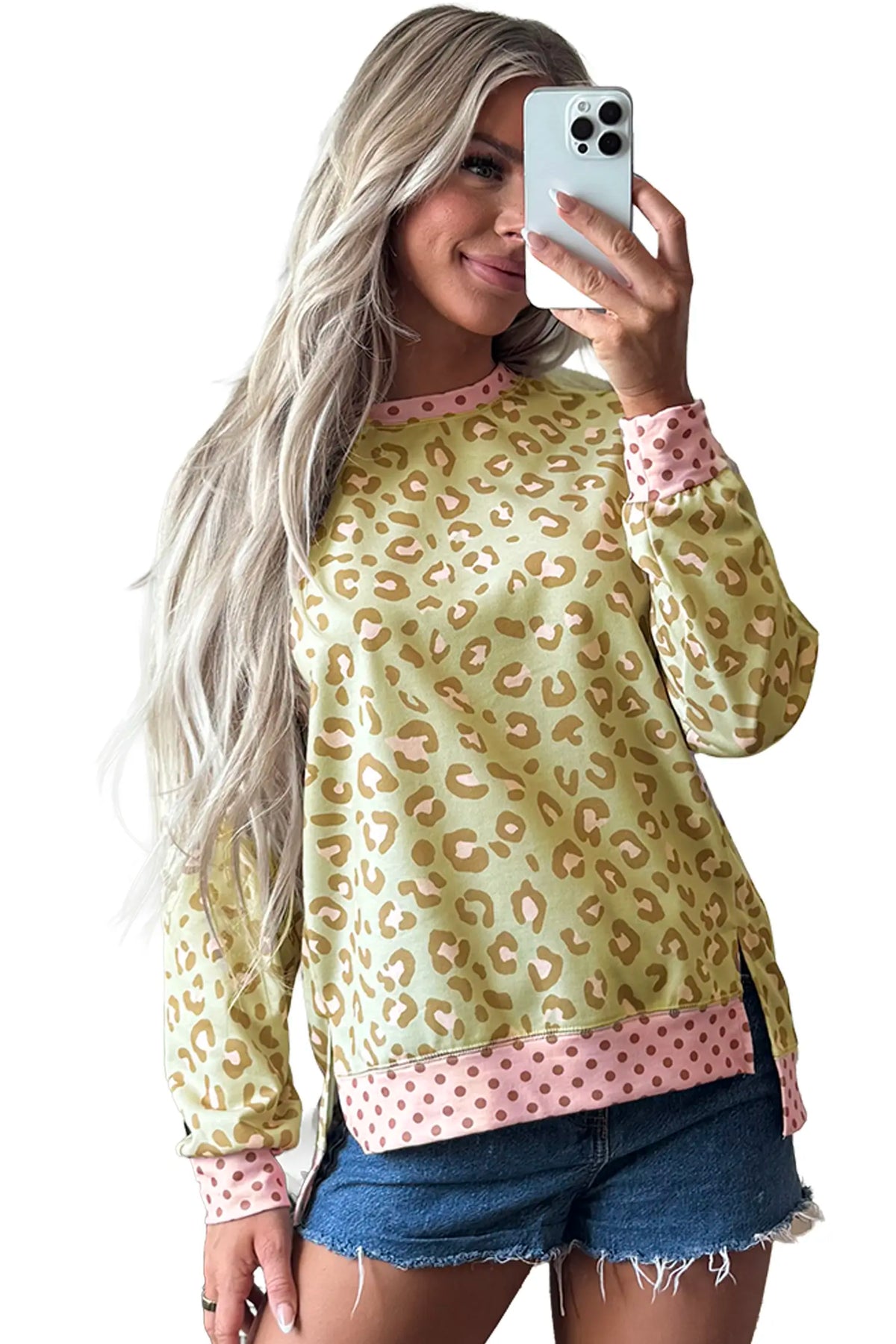 Leopard Polka Dot Colourblock Trim Long Sleeve Top – Khaki