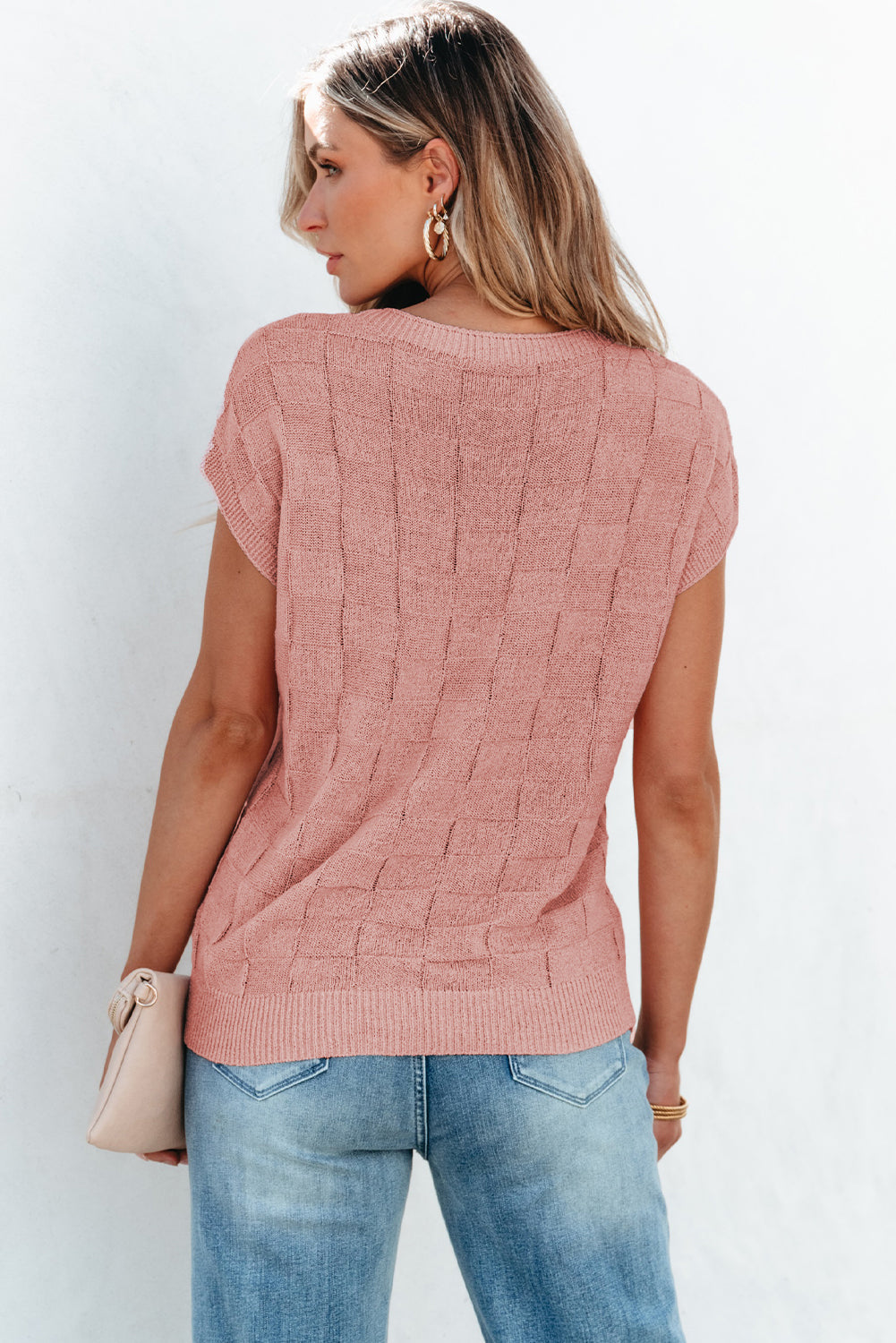 Dusty Pink Lattice Textured Knit Short Sleeve Sweater eAura