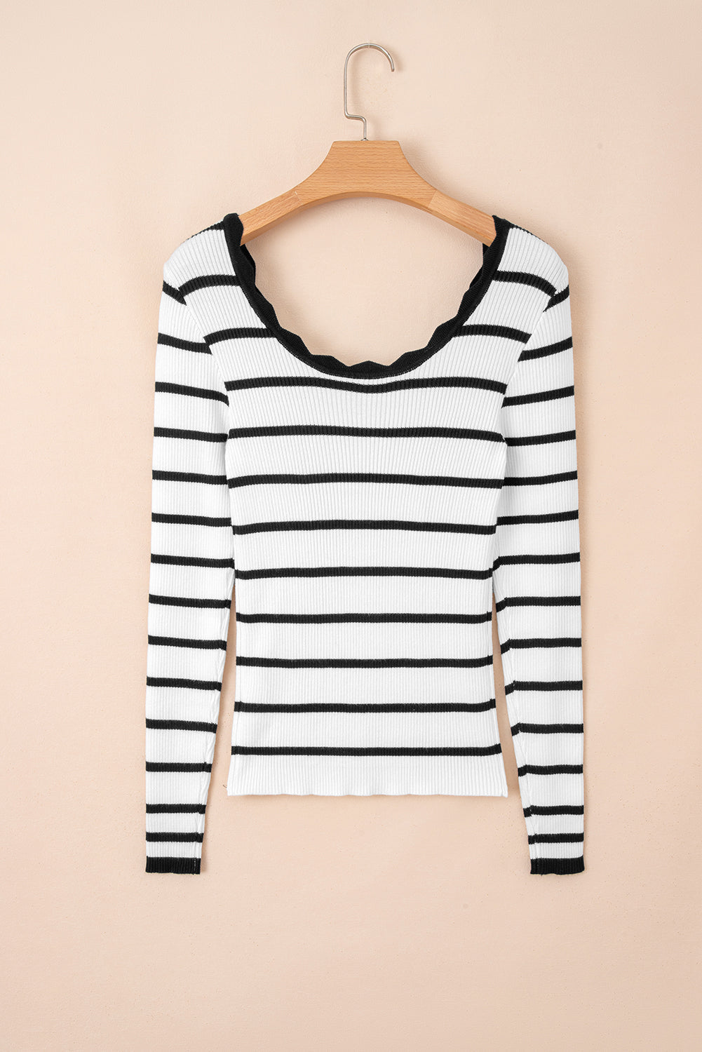 Scalloped Trim U-Neck Striped Ribbed Slim Sweater Dear-Lover Dropshipping