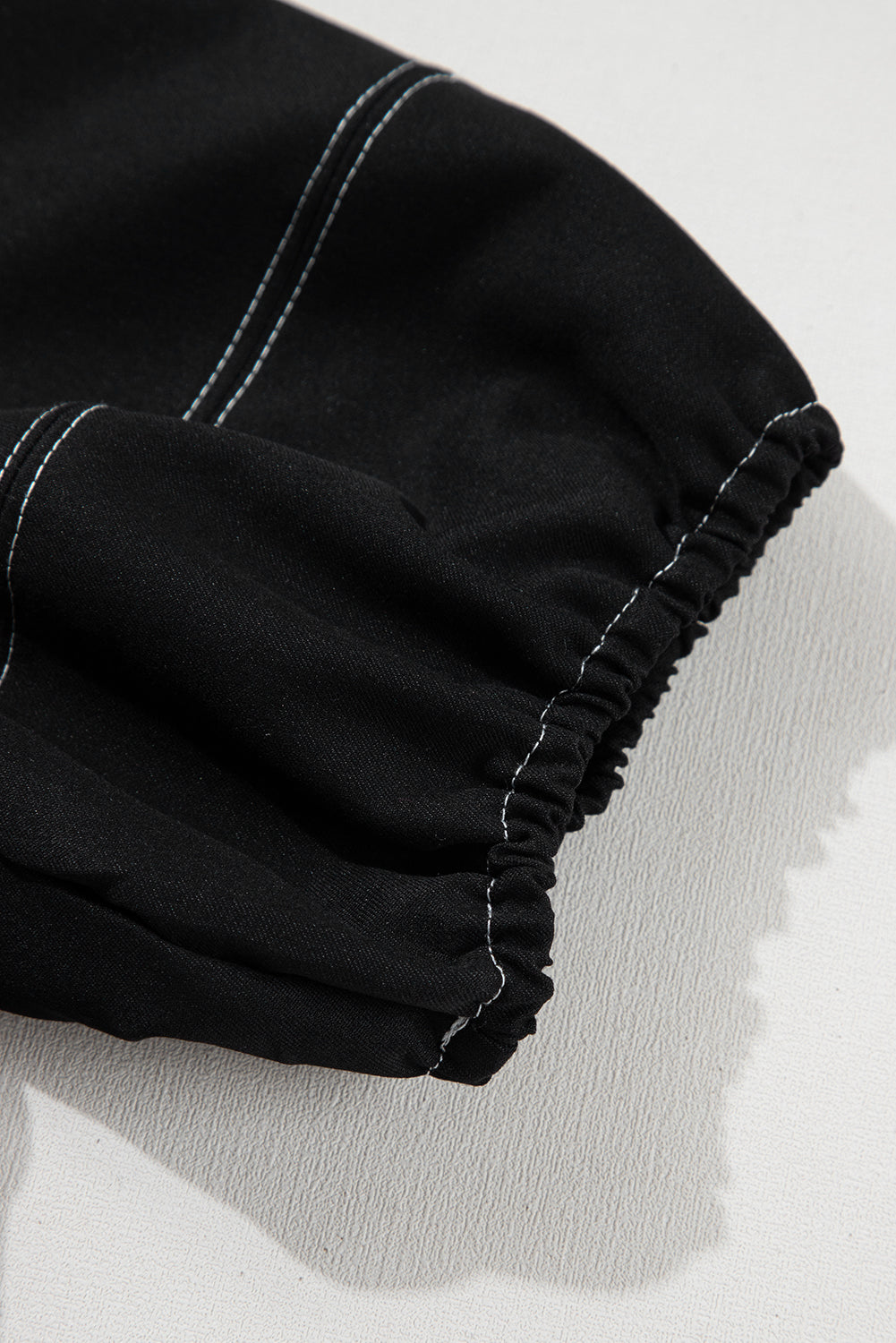 Black Contrast Stitches Detail Puffy Half Sleeve Blouse - eAura