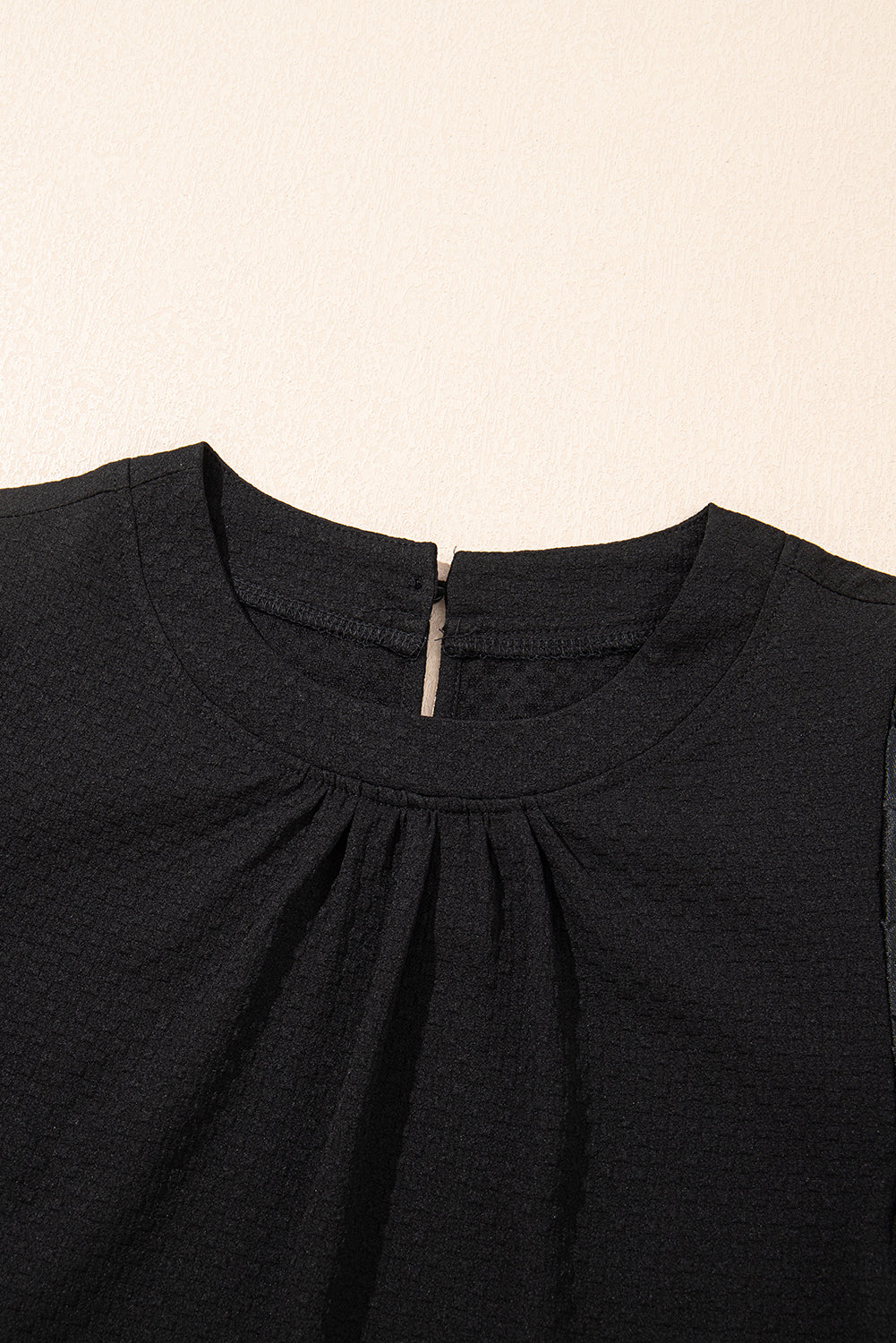 Black Feather Bubble Sleeve Patchwork Textured Blouse eAura