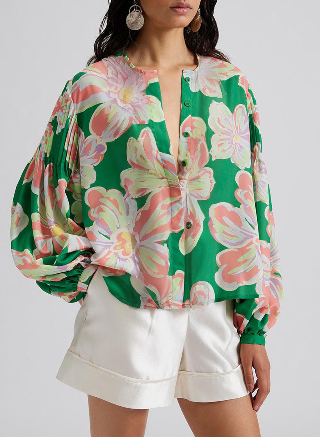 Green Floral Print Button up Pleated Puff Sleeve Loose Shirt eAura