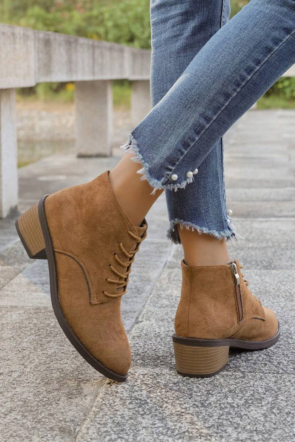 Chestnut Suede Zip Side Lace Up Ankle Boots - eAura