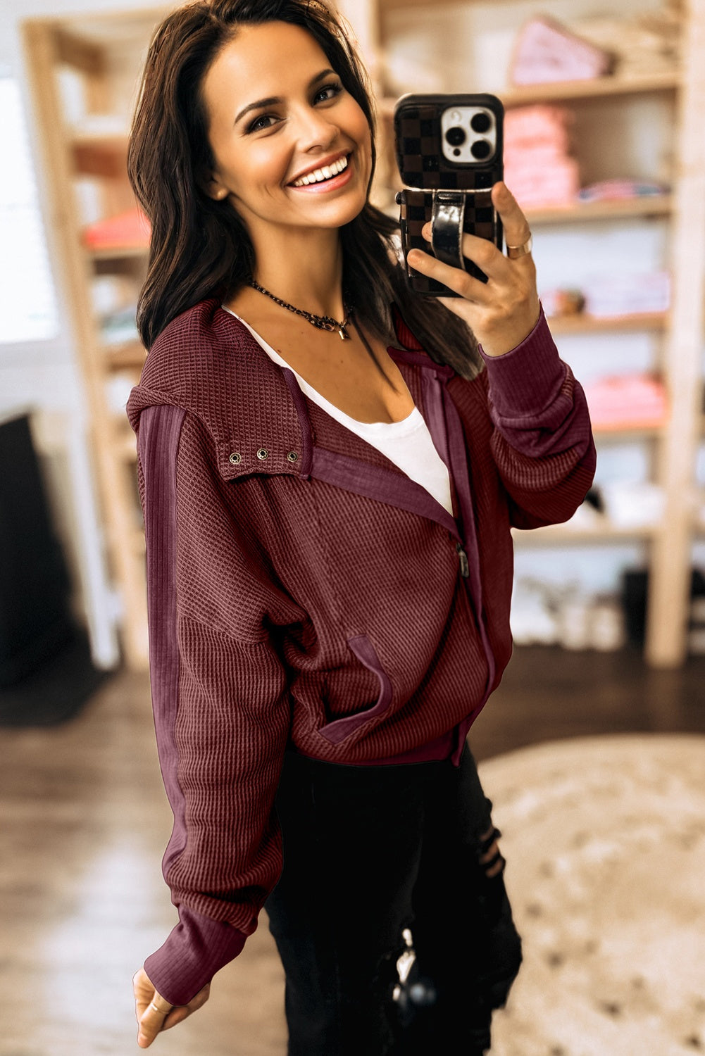 Waffle Zip-Up Front Button Hooded Jacket - eAura