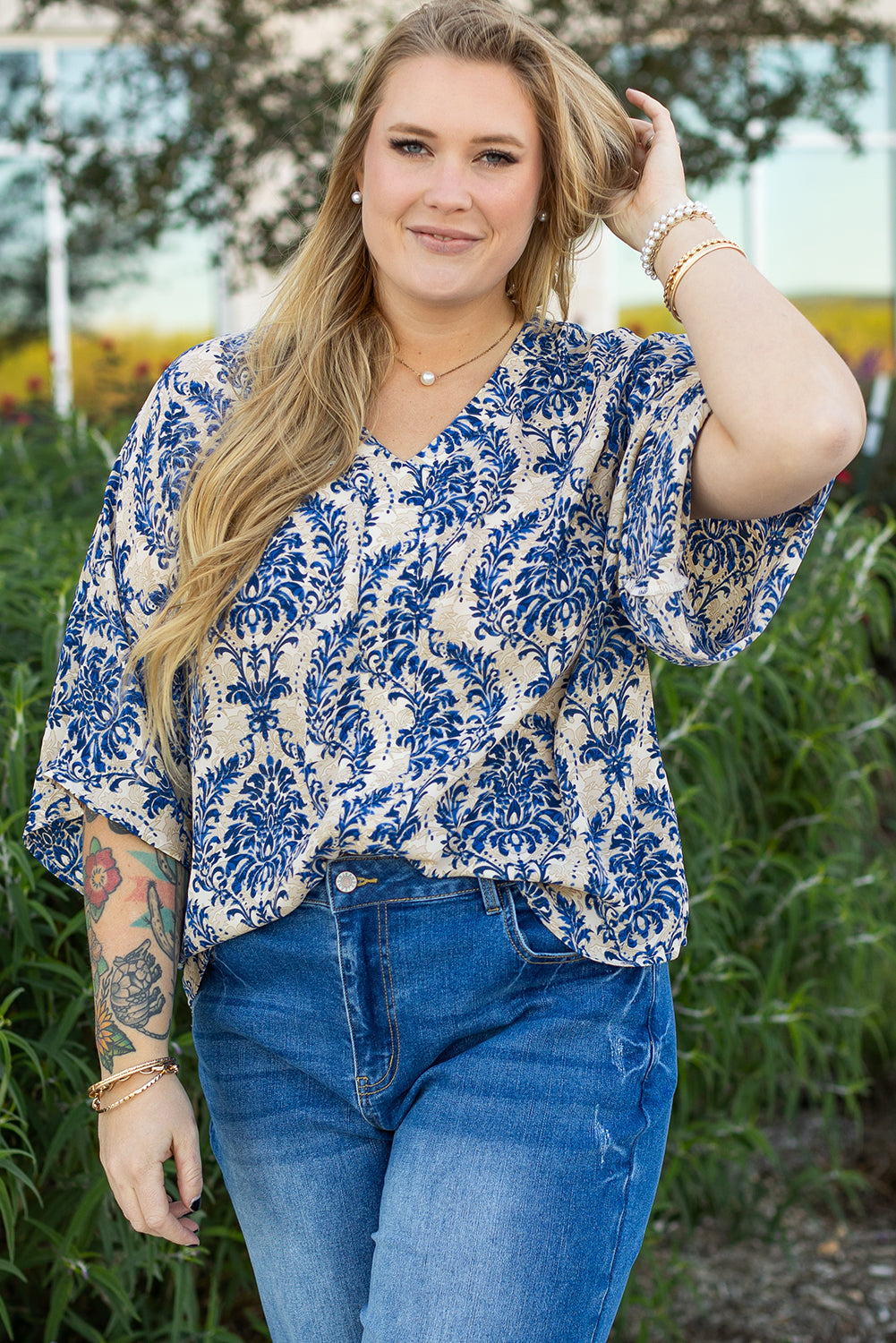 Blue Plus Size Ethnic Printed 3/4 Sleeve V Neck Loose Blouse BB Fashion Outlet