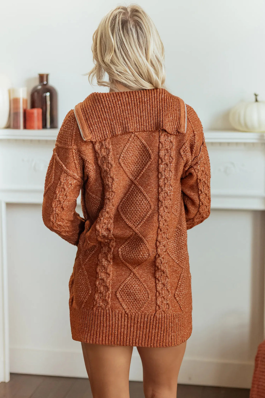 Zip-Up Cable Knit Drop Shoulder Sweater Dress – Clay