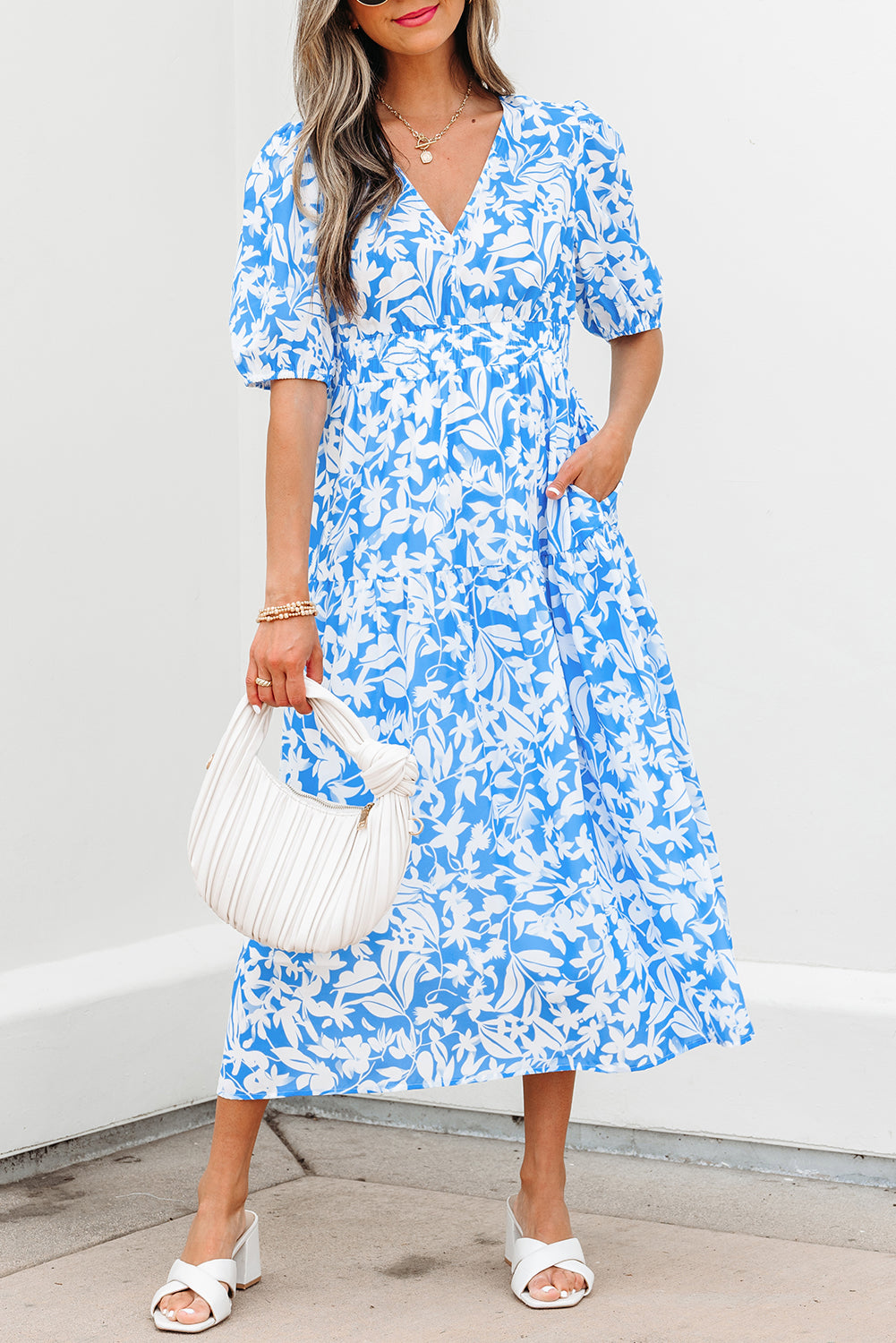 Sky Blue Floral V Neck Puff Short Sleeve Flowy Long Dress eAura