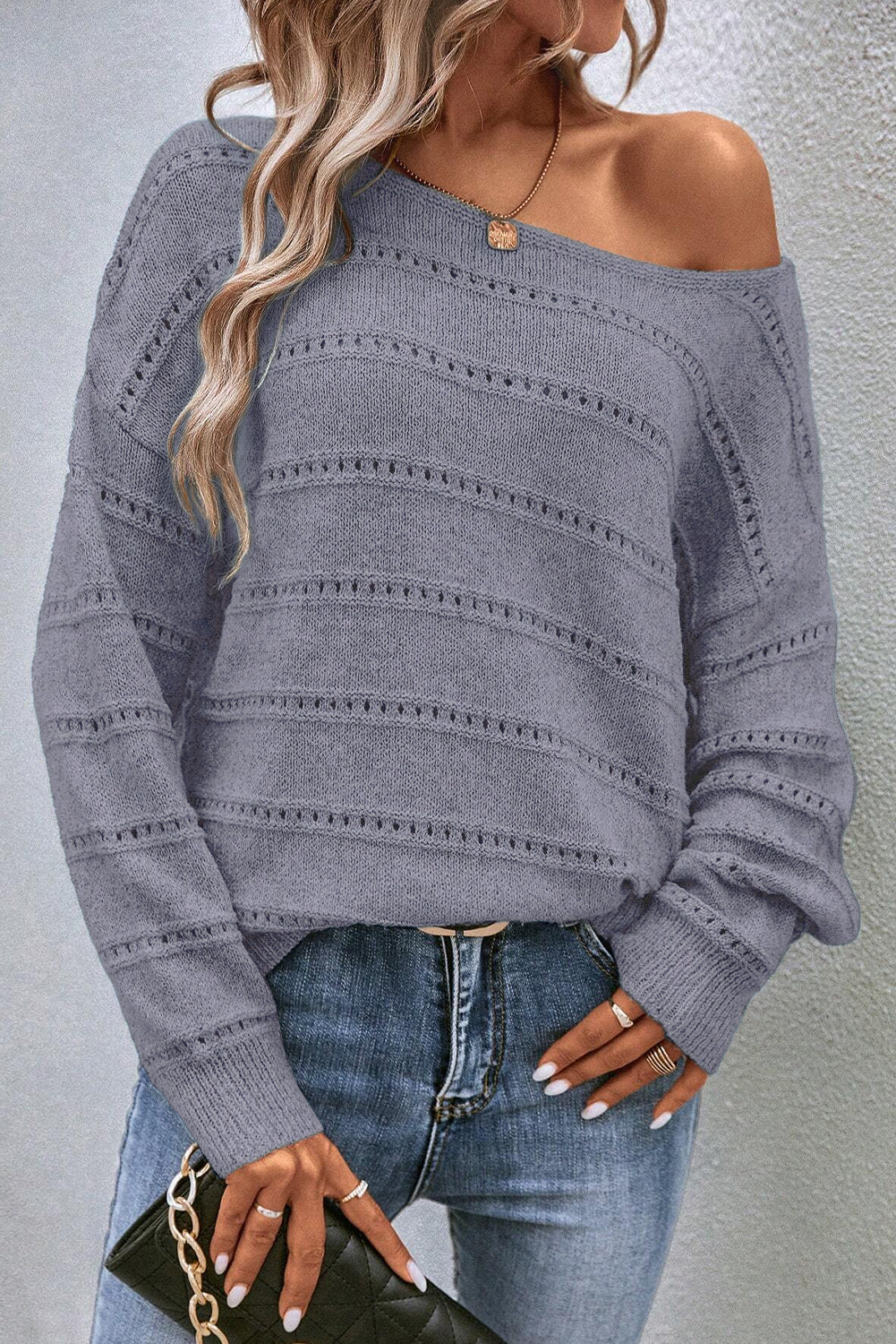 Pale Khaki Boat Neck Drop Shoulder Pointelle Knit Sweater eAura
