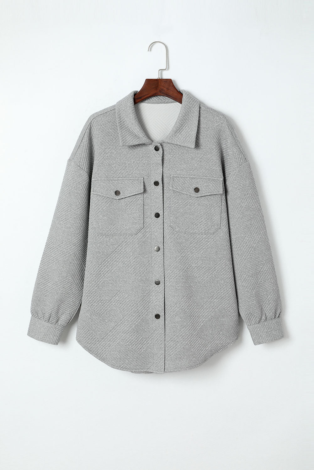 Grey Solid Textured Flap Pocket Buttoned Shacket eAura