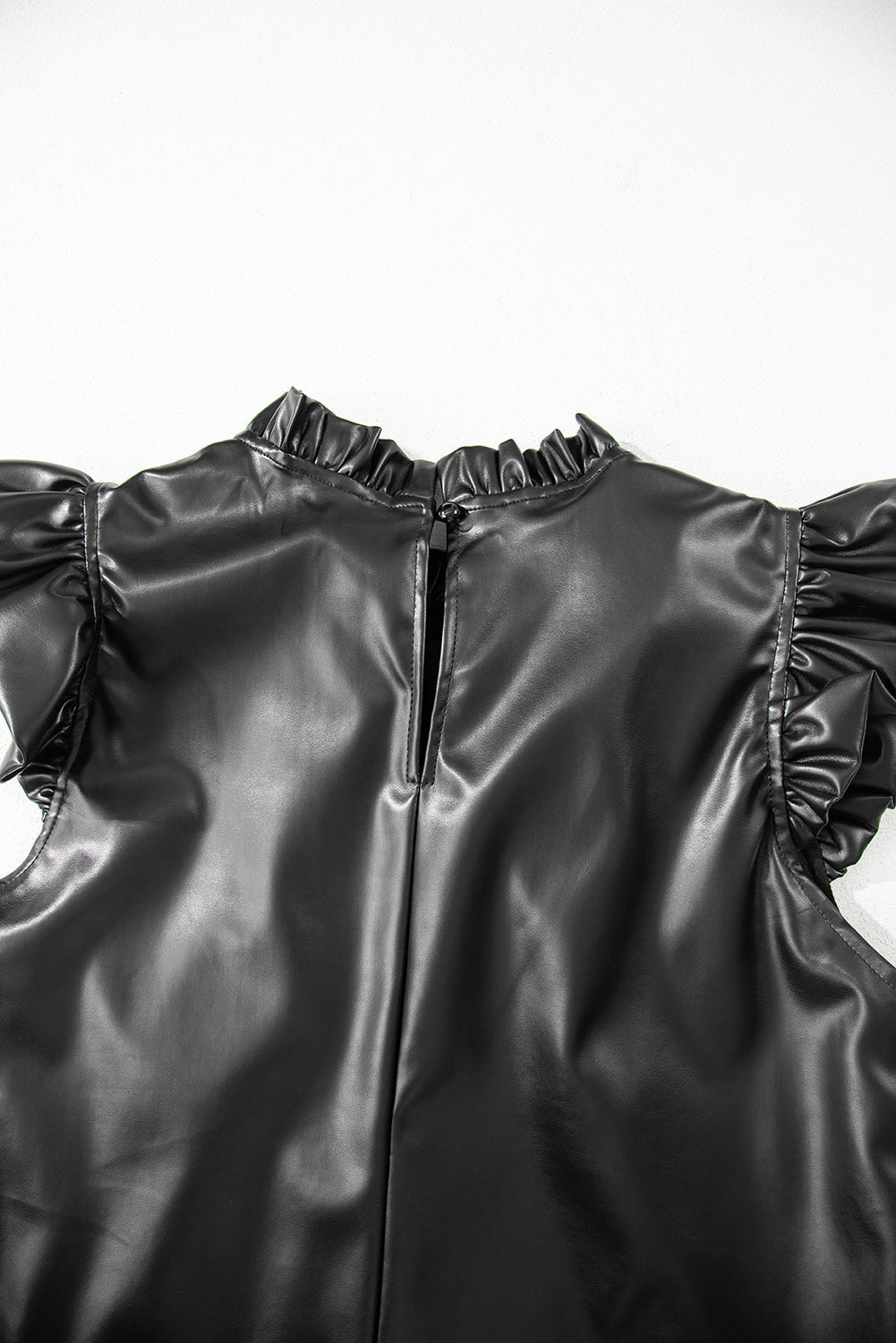 Black PU Leather Frilly Ruffle Trim Blouse eAura