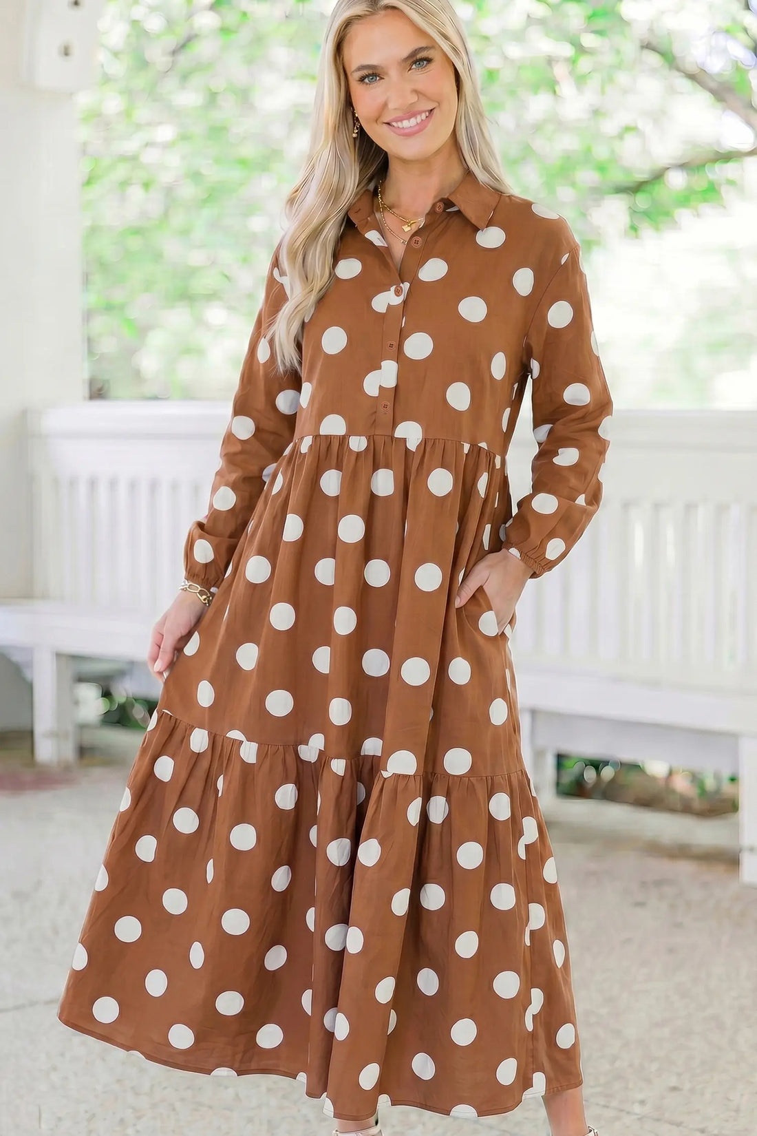 Polka Dot Button Front Long Sleeve Shift Dress