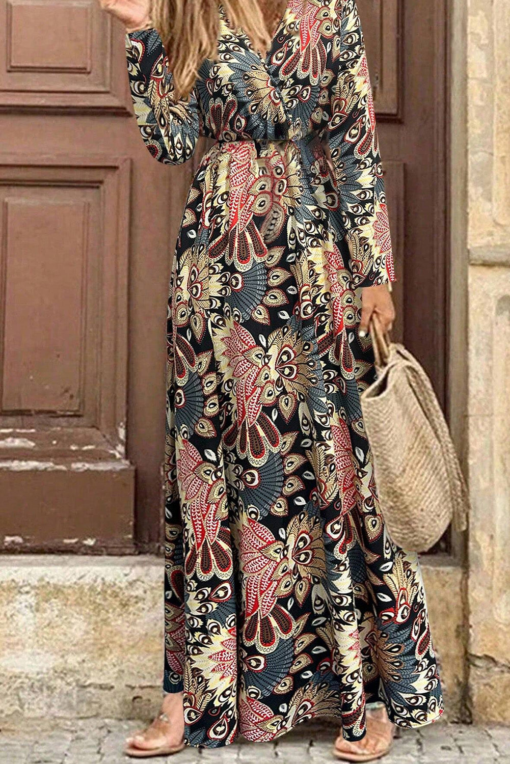 Black Floral Print V Neck Wrap High Waist Maxi Dress Beagle Boutique Fashion Outlet