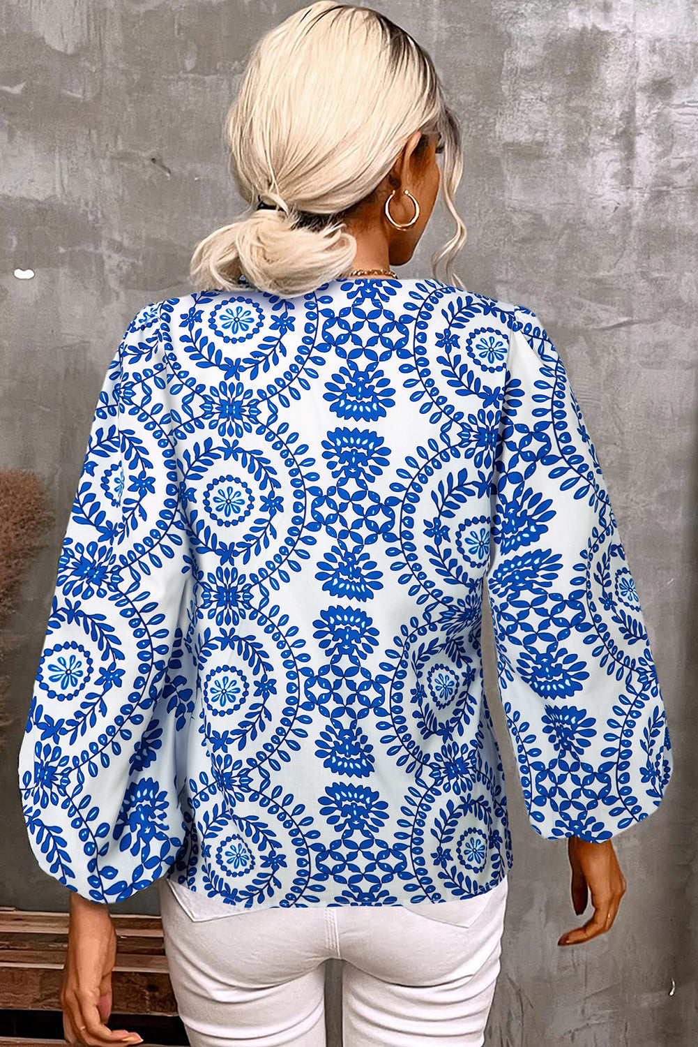 Sky Blue Vintage Geometric Printed Puff Sleeve Slit V Neck Shirt eAura
