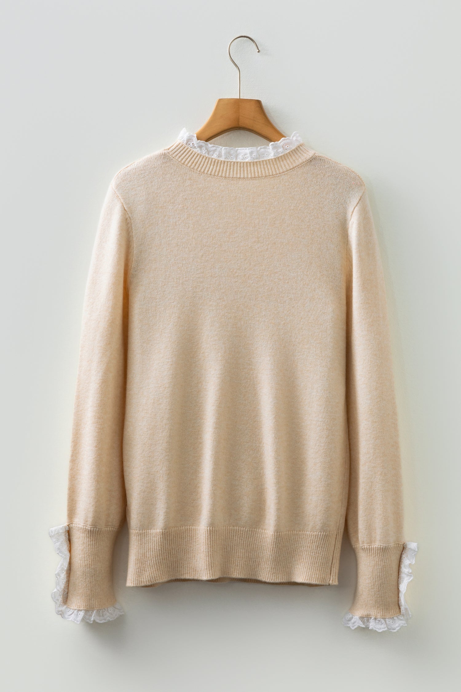 Lace Trim Sweater Patchwork Buttoned Cuffs Loose Sweater - eAura