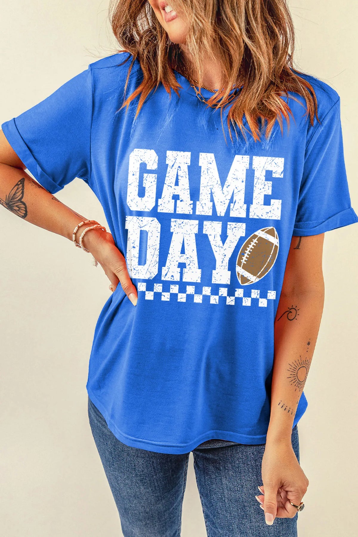 GAME DAY Checkered Print Rugby Graphic T Shirt – Dark Blue