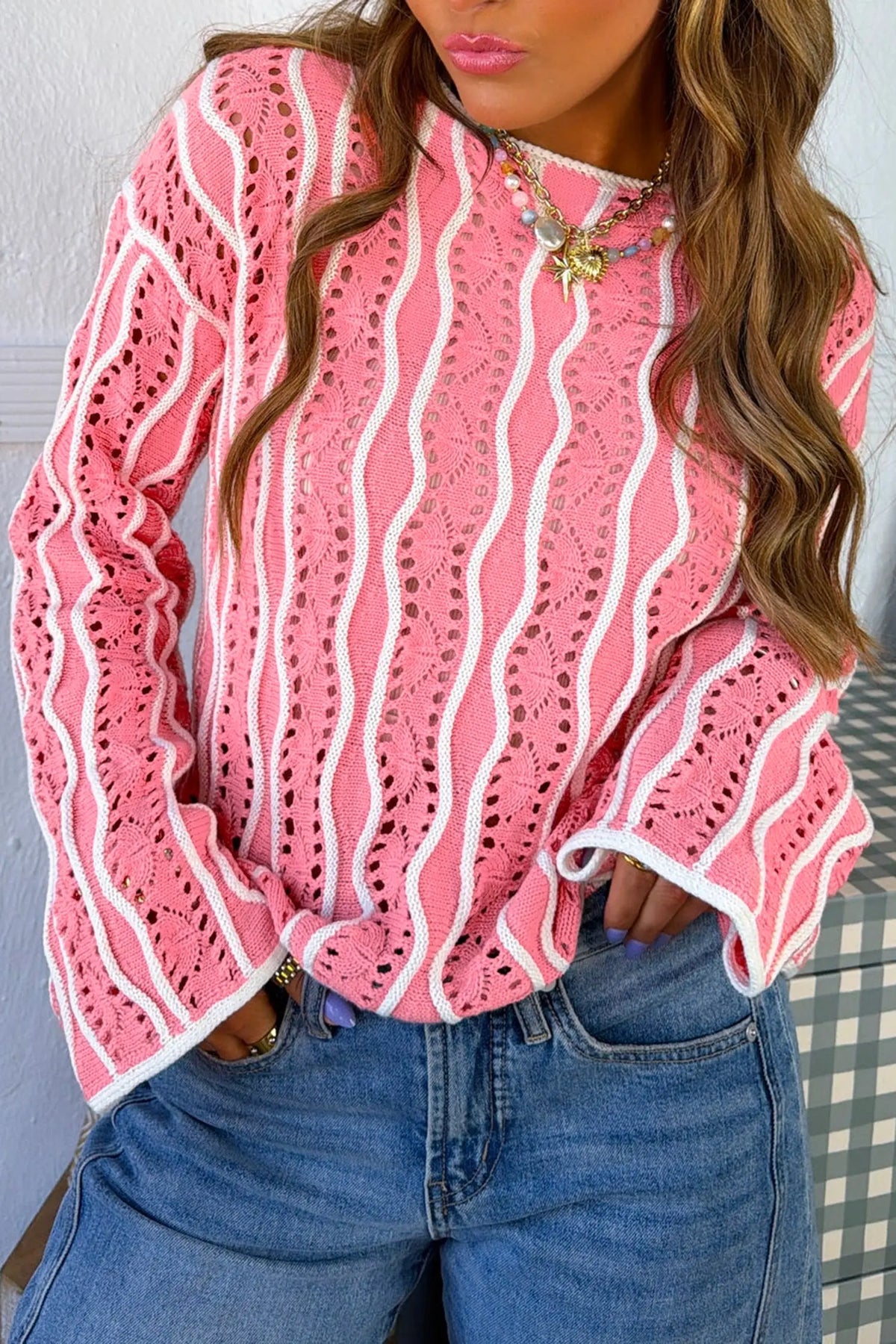 Wavy Detail Hollow Out Knit Long Sleeve Cotton Pullover Sweater – Pink
