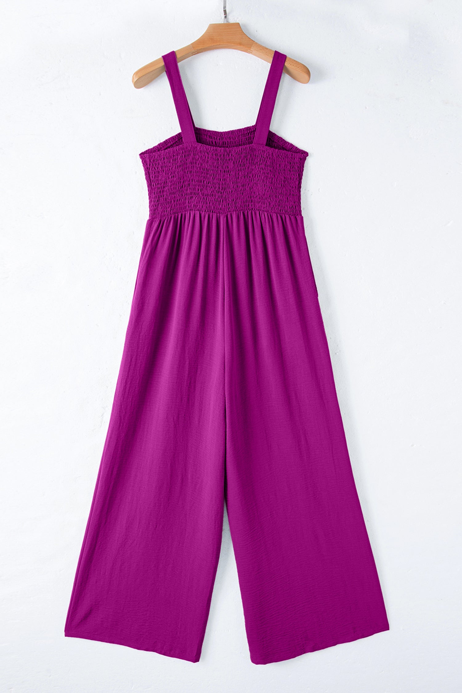Smocked Square Neck Sleeveless Wide Leg Jumpsuit with Pockets – Purple