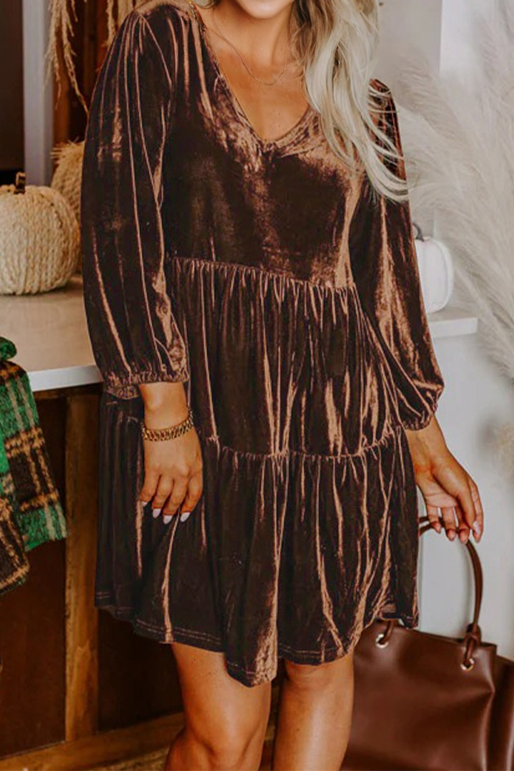 Brown Velvet V-Neck Long Sleeve Tiered Mini Dress eAura