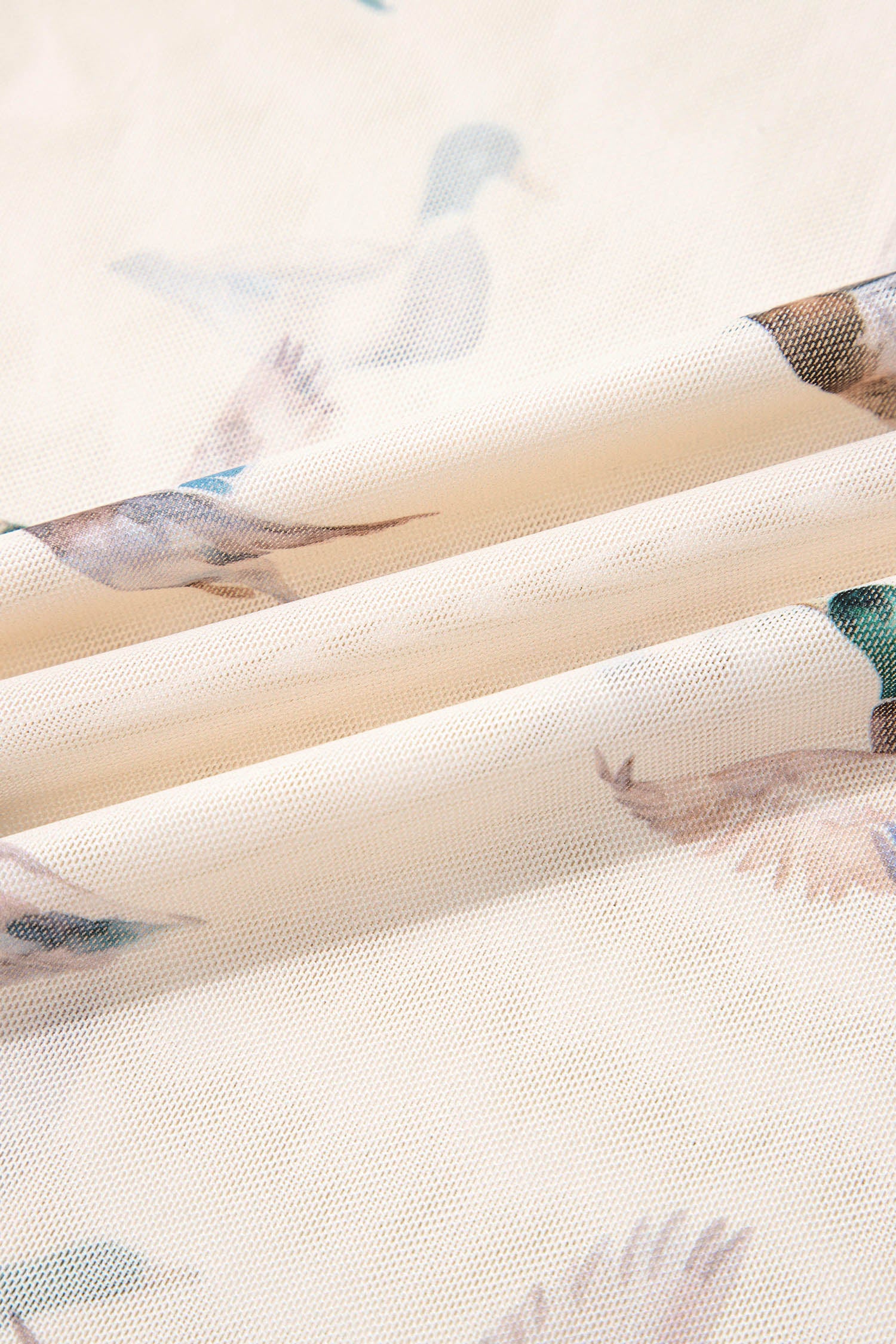 Beige Mallard Print Sheer Mesh Short Sleeve Top