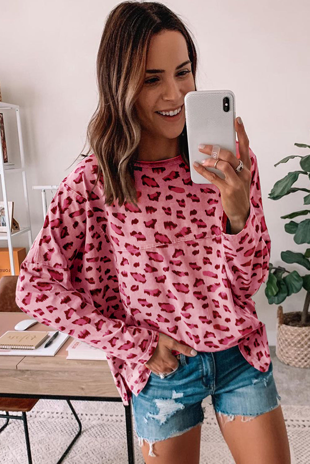 Brown Animal Print Stitching Loose Long Sleeve Top eAura
