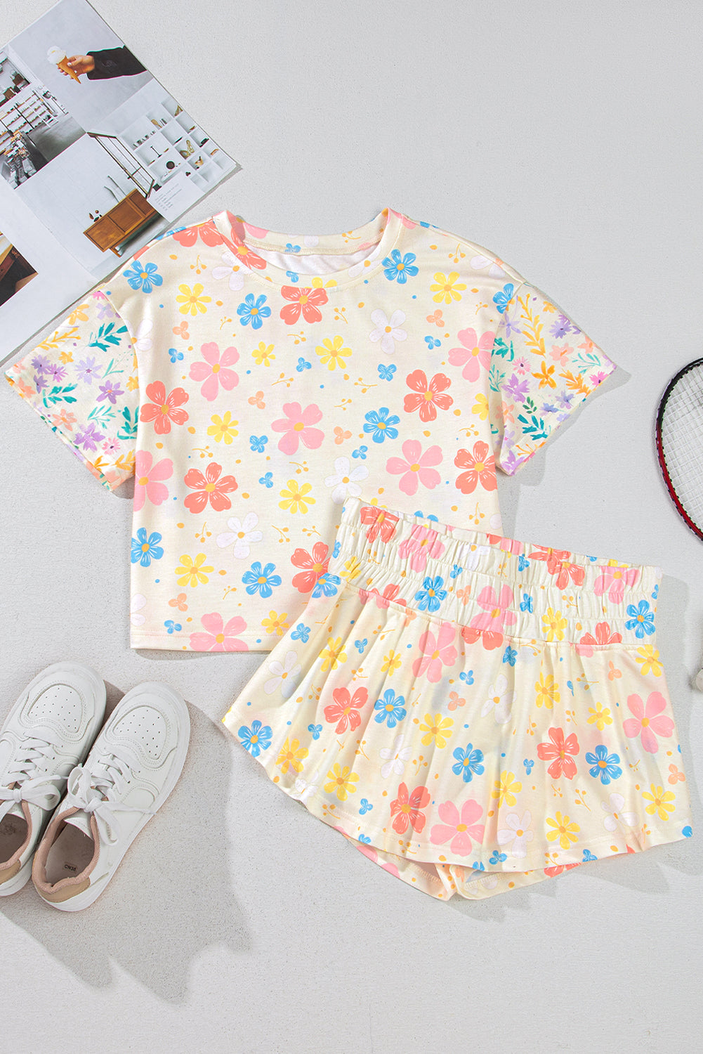 Apricot Floral Print Crop Top Wide Leg Short Set eAura