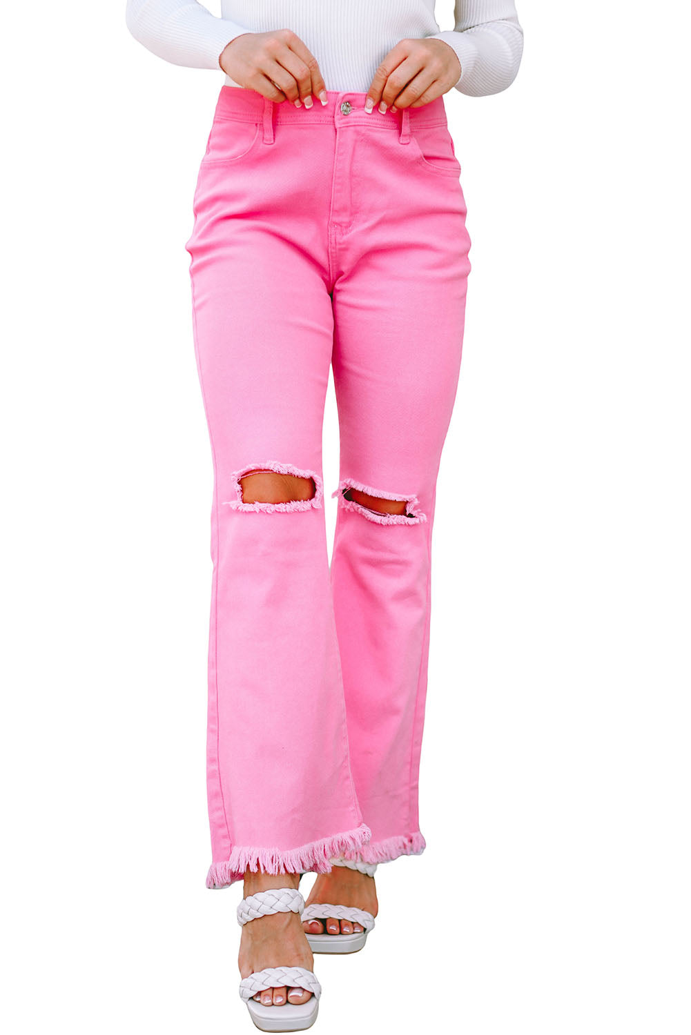 Pink Vintage High Waist Flare Leg Ripped Raw Hem Jeans Beagle Boutique Fashion Outlet