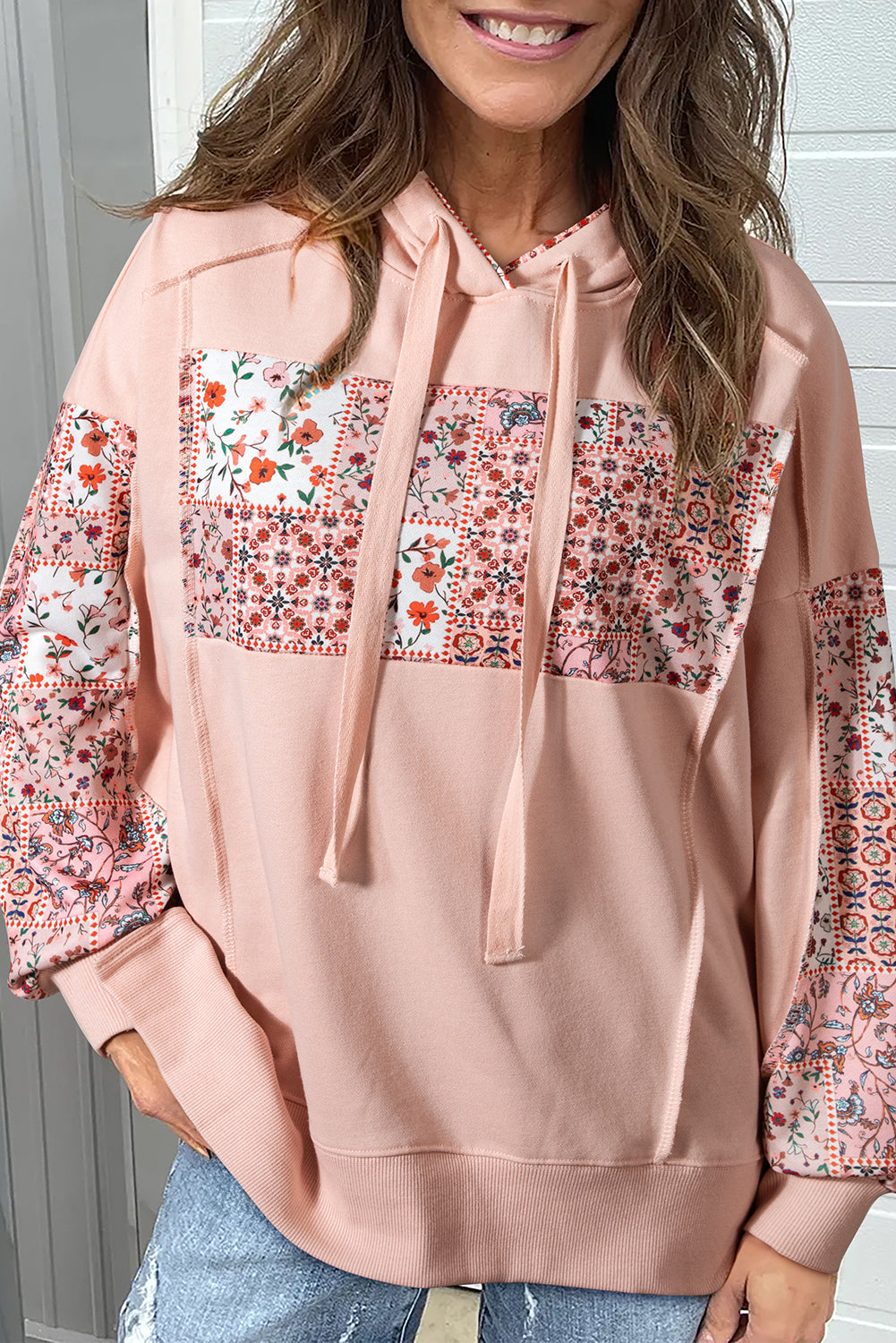 Mix Floral Patchwork Side Slit Drawstring Hoodie eAura