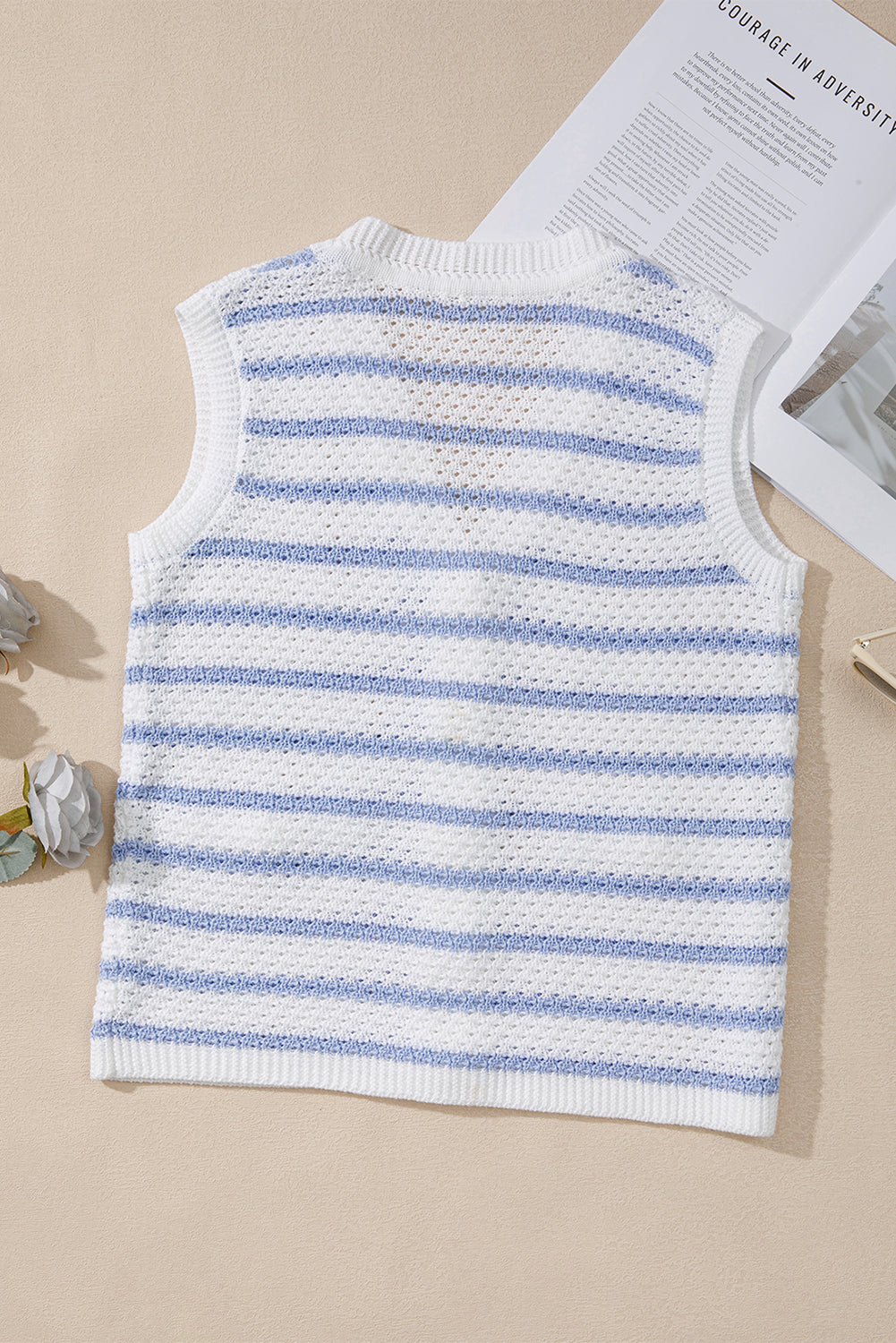 Striped V Neck Gold Buttons Elegant Sleeveless Sweater eAura