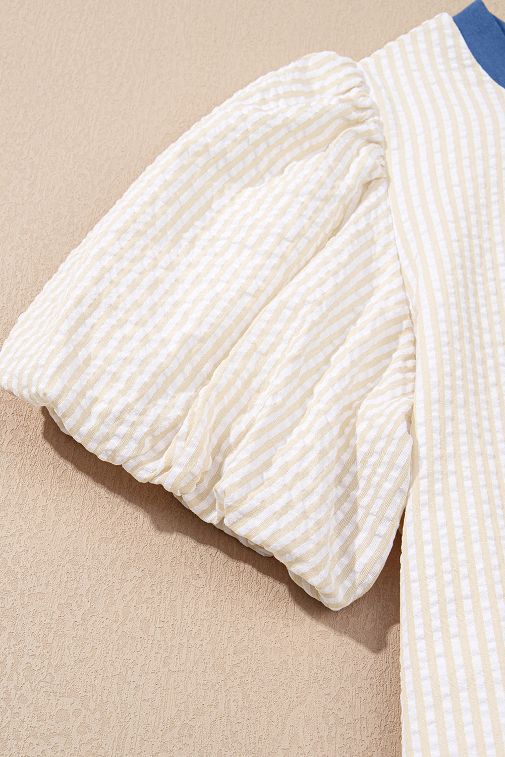 Beige Stripe Seersucker Contrast Round Neck Puff Sleeve T-Shirt Dress eAura