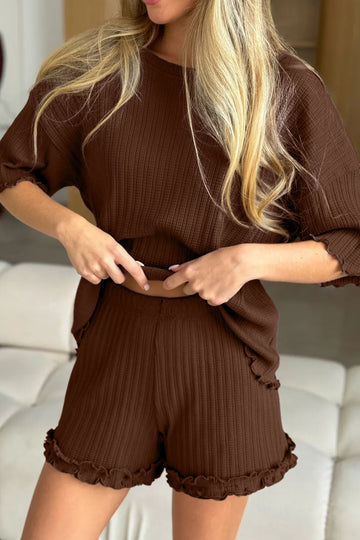 Textured Ribbed Knit Lettuce Trim 2pcs Lounge Set – Dark Brown