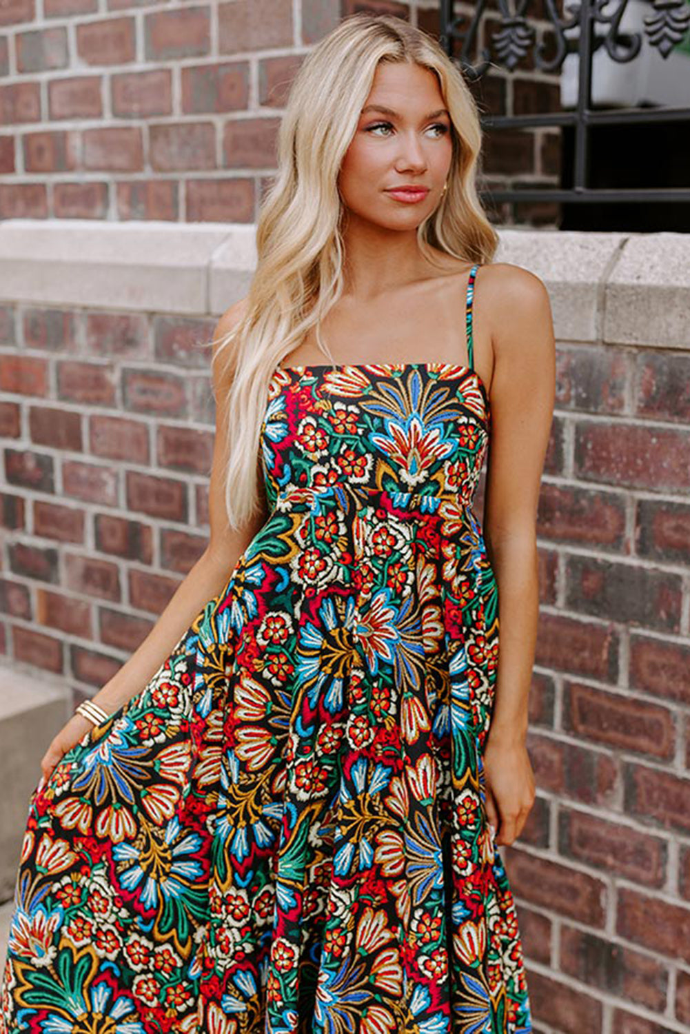 Black Boho Floral Print Thin Straps Sleeveless High Waist Maxi Dress eAura