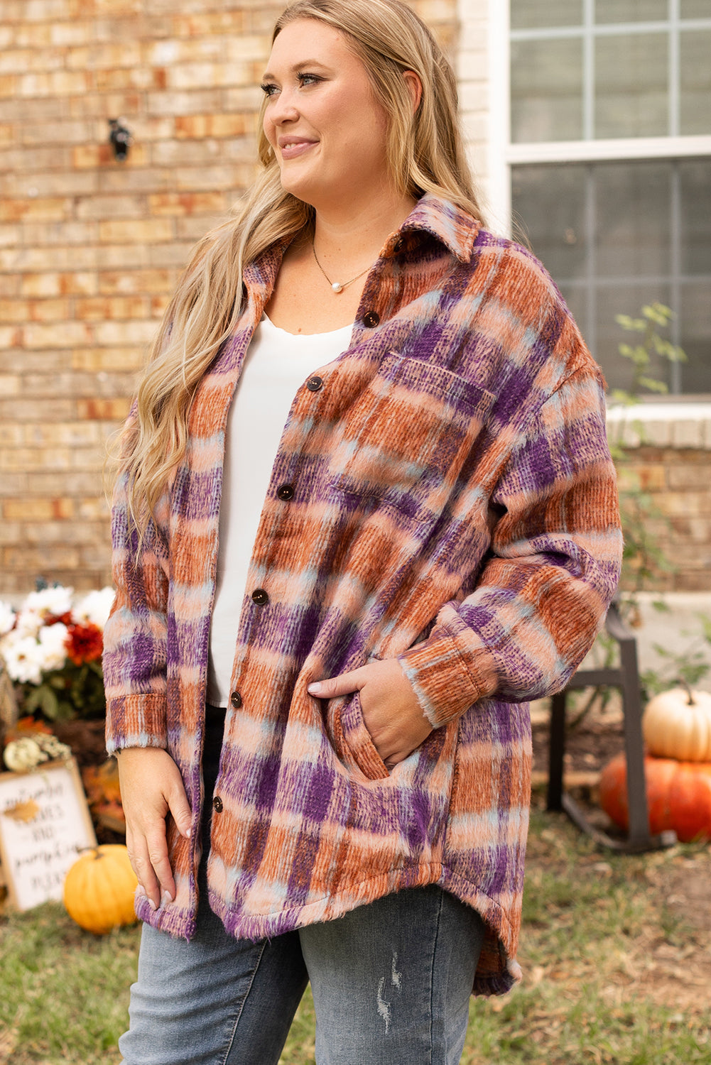 Multicolour Plus Size Plaid Print Collared Button up Jacket Beagle Boutique Fashion Outlet