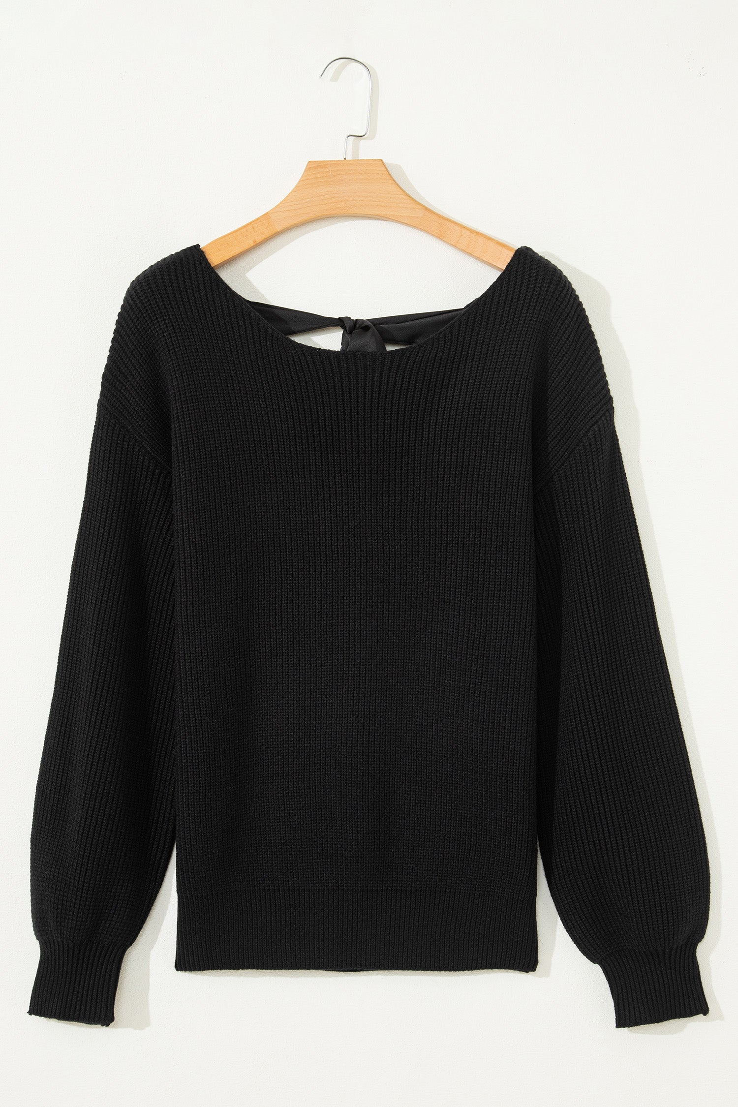 Rib Knit Ribbon Knot Backless Drop Shoulder Sweater