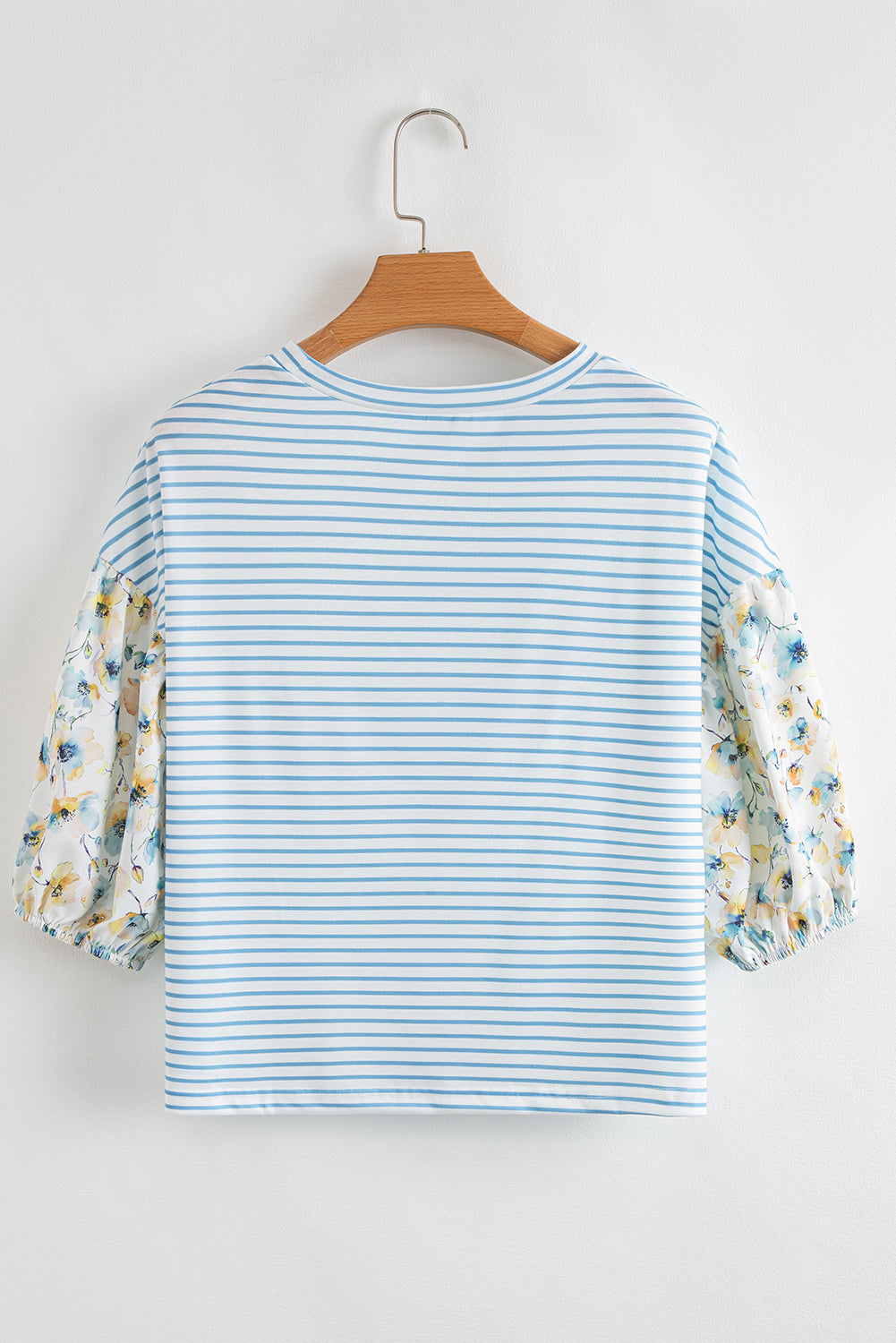 Sky Blue Stripe 3/4 Floral Puff Sleeve Patchwork Drop Shoulder Top eAura