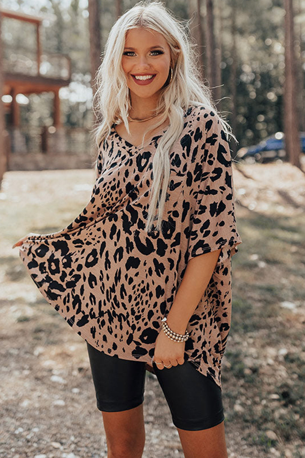 Brown Leopard Print V Neck Half Sleeve Oversized Tee eAura