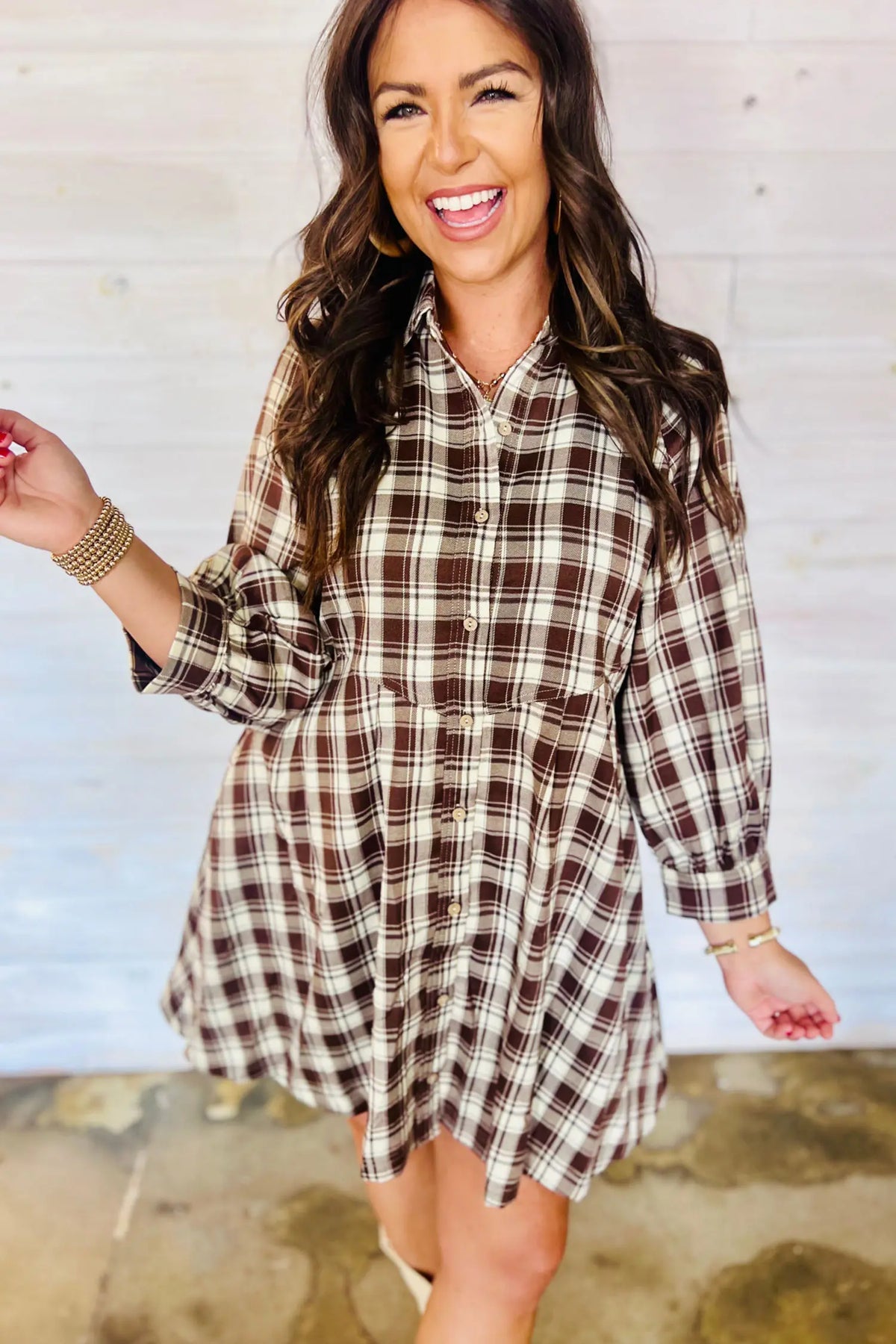Plaid Long Sleeve Short Shift Mini Dress – Brown