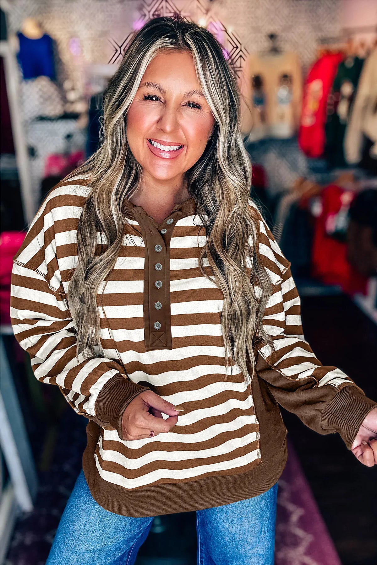 Exposed Seam Colour Block Patchwork Button Placket Sweatshirt – Brown Stripe
