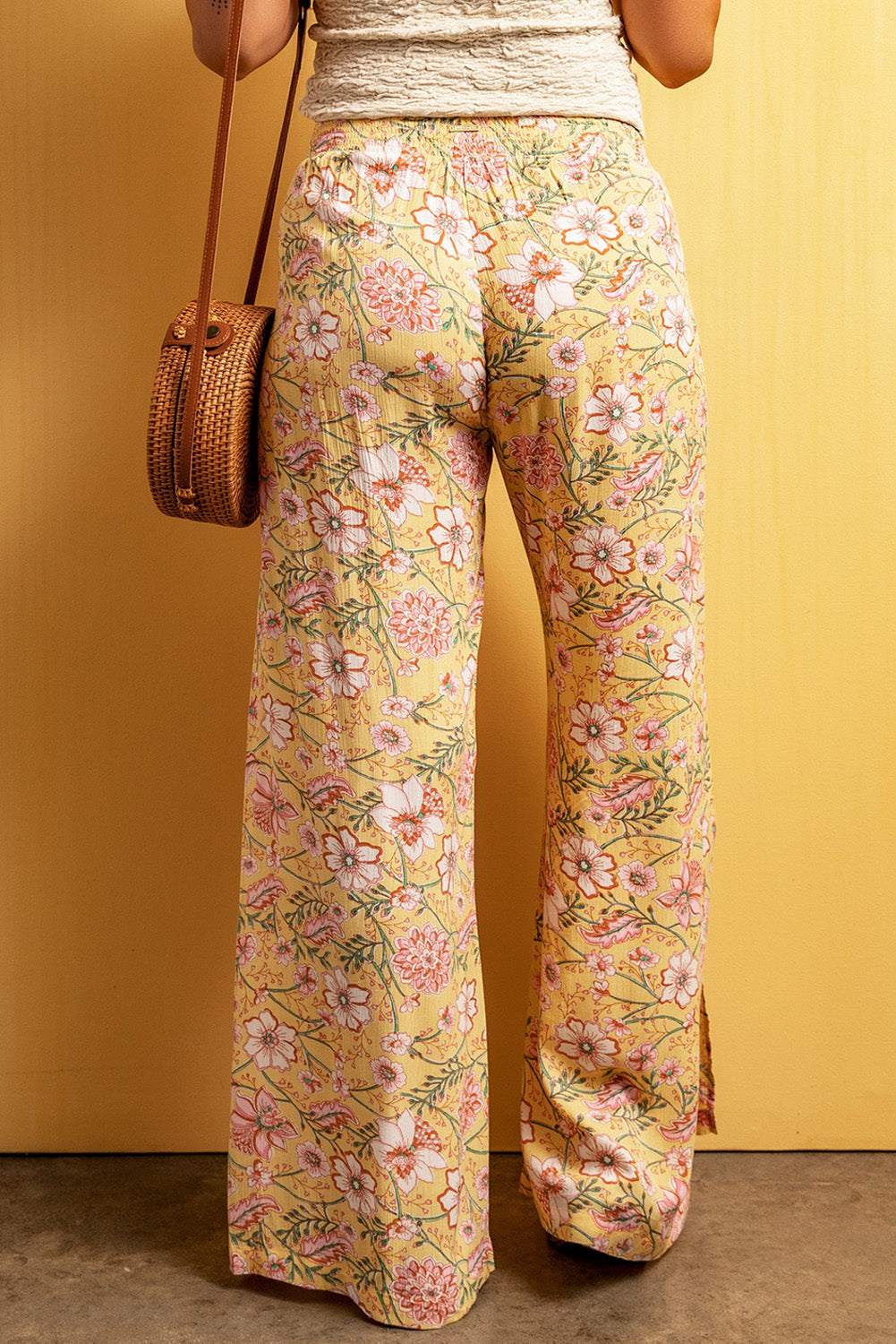 Yellow Floral Print High Slit Wide Leg Trousers Beagle Boutique Fashion Outlet