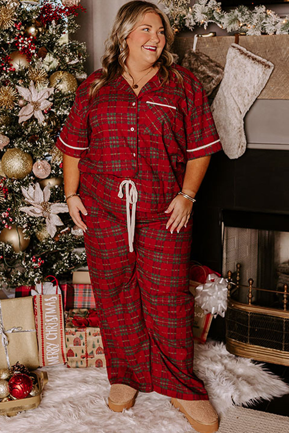 Plus Size Plaid Short Sleeve Shirt Pyjama Set - eAura