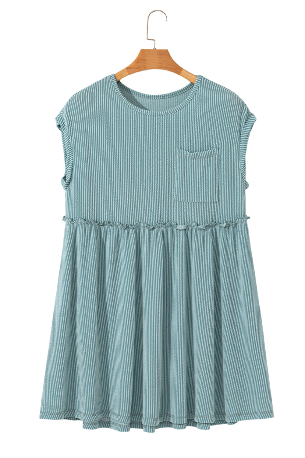 Canton Ribbed Knit Textured Patched Pocket Frilled Swing Mini Dress with Pockets eAura