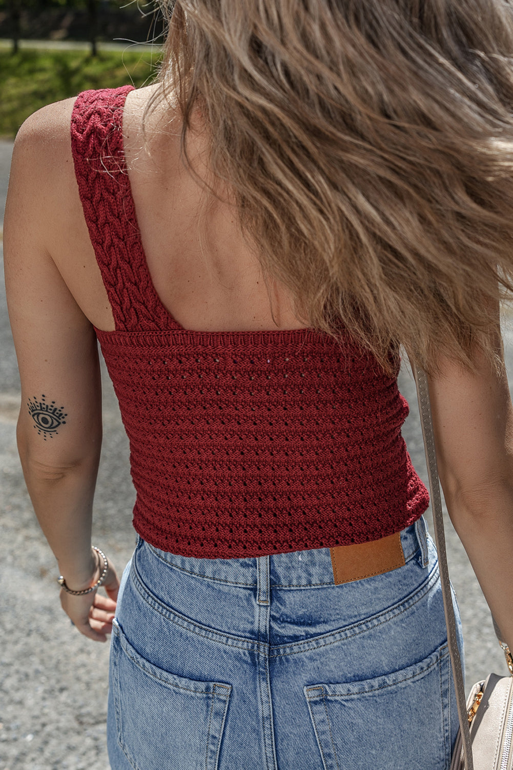 Burgundy Cable Knit Pointelle Slim Fit V Neck Sweater Vest eAura