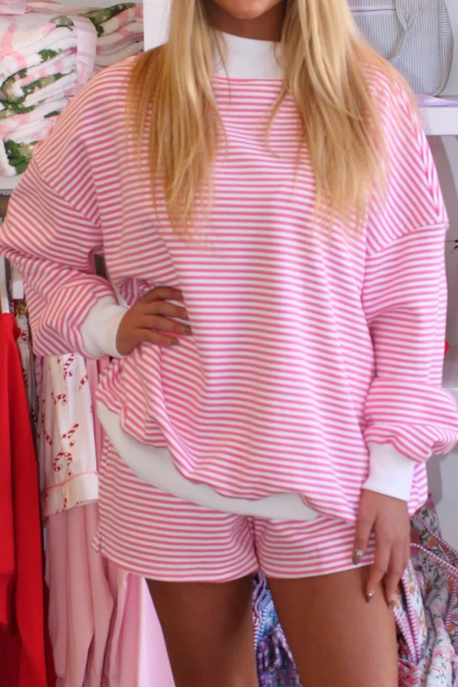 Stripe Oversize Mock Neck Sweatshirt and Shorts Set