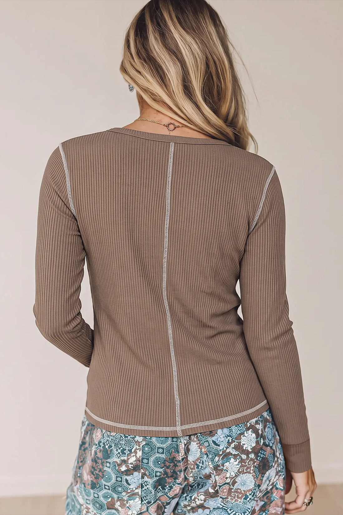 V Neck Ribbed Stitched Detail Long Sleeve Top – Dark Khaki