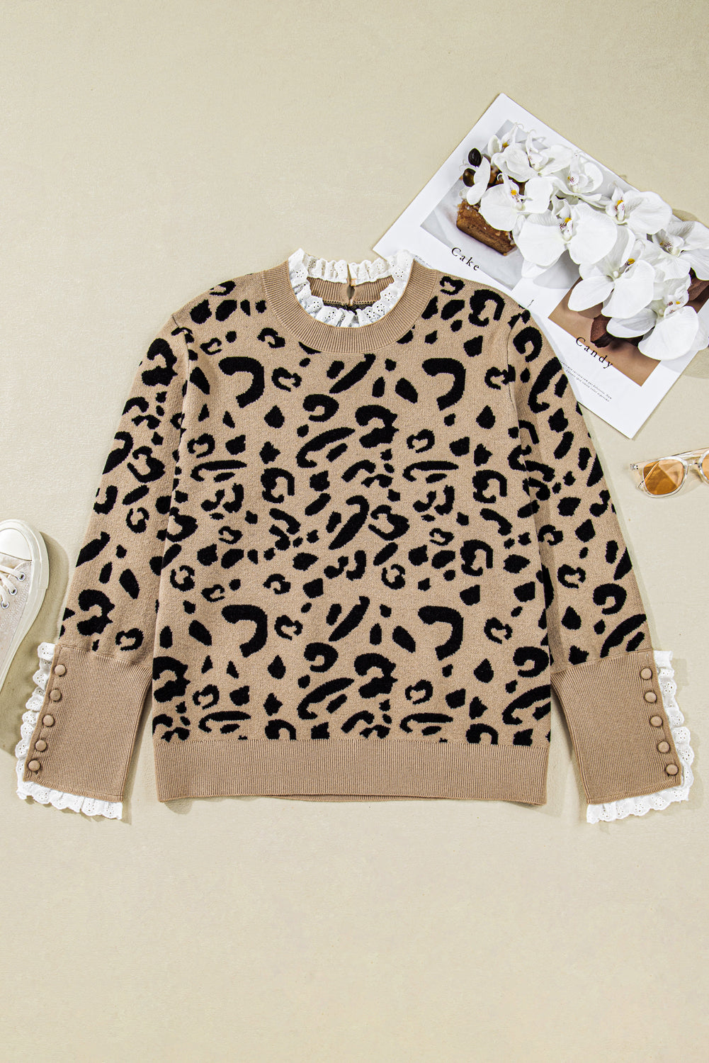Brown Leopard Knit Lacy Trim Cuffed Plus Size Sweater - eAura