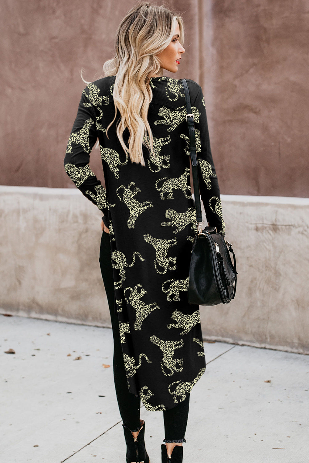 Black Printed Animal Print Ribbed Knit Cardigan eAura