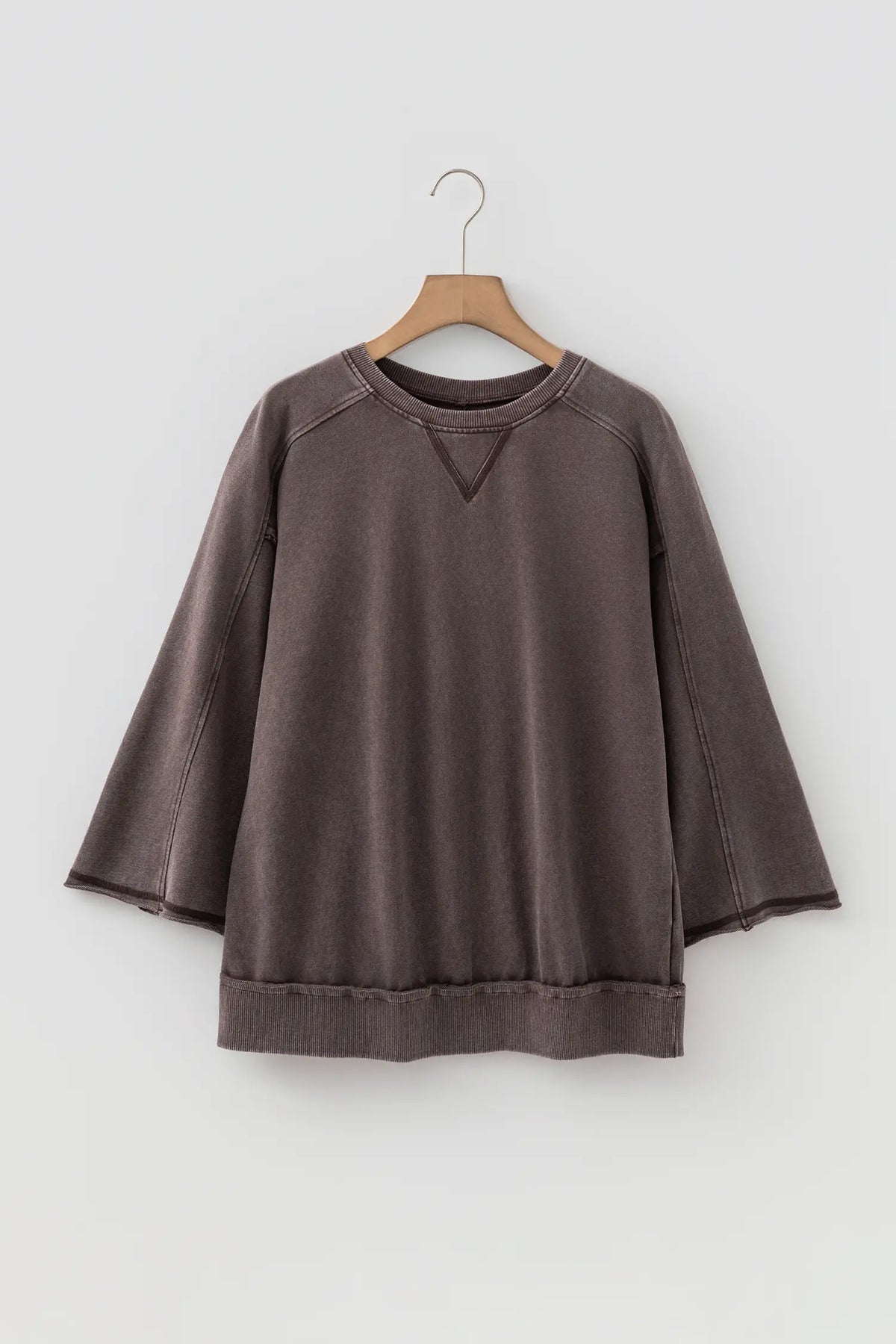 3/4 Sleeve Mineral Wash Loose Cotton Top – Dark Brown