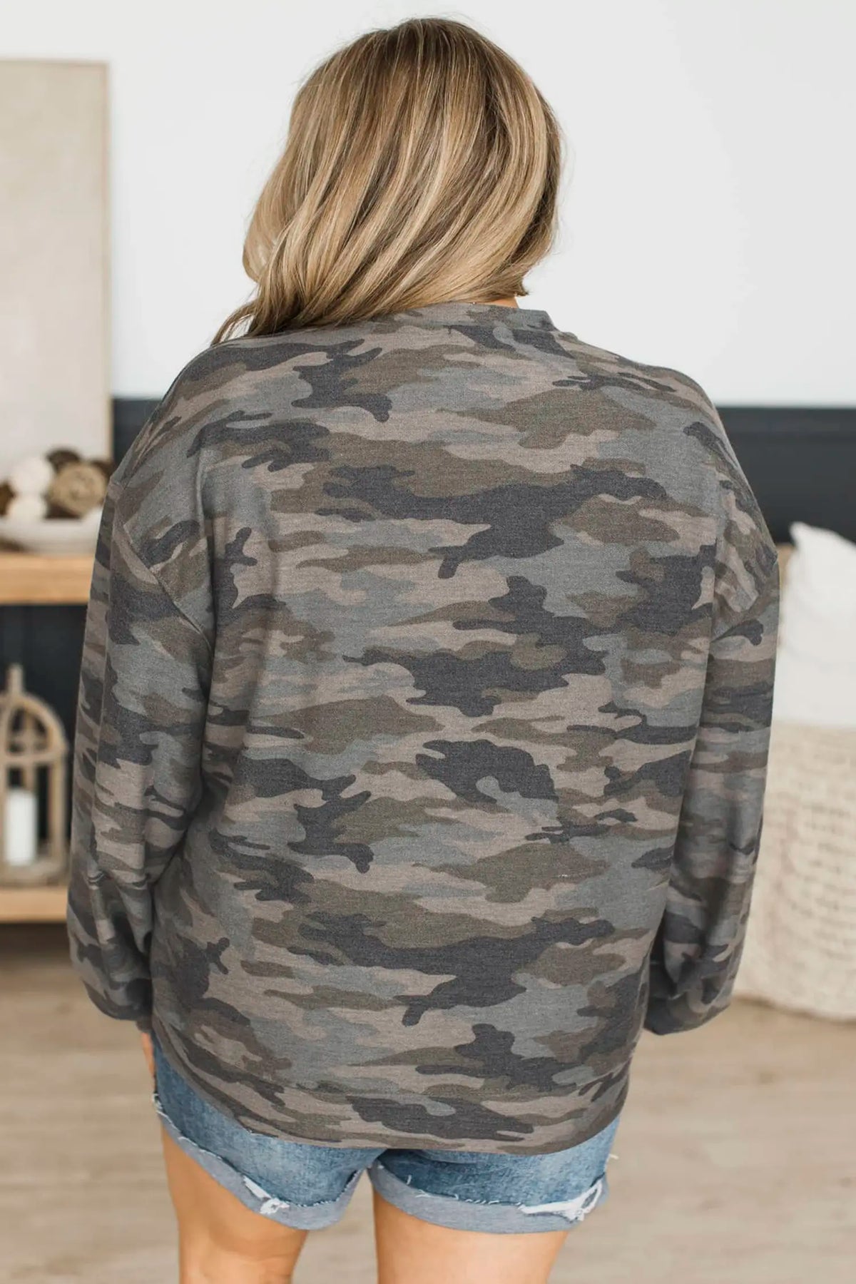 Camo Print Long Sleeve Plus Size Blouse – Green