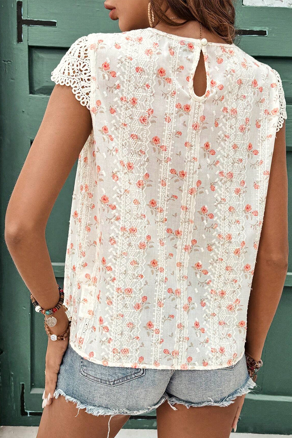 Pink Floral Print Embroidery Detail Crochet Cap Sleeve Blouse eAura
